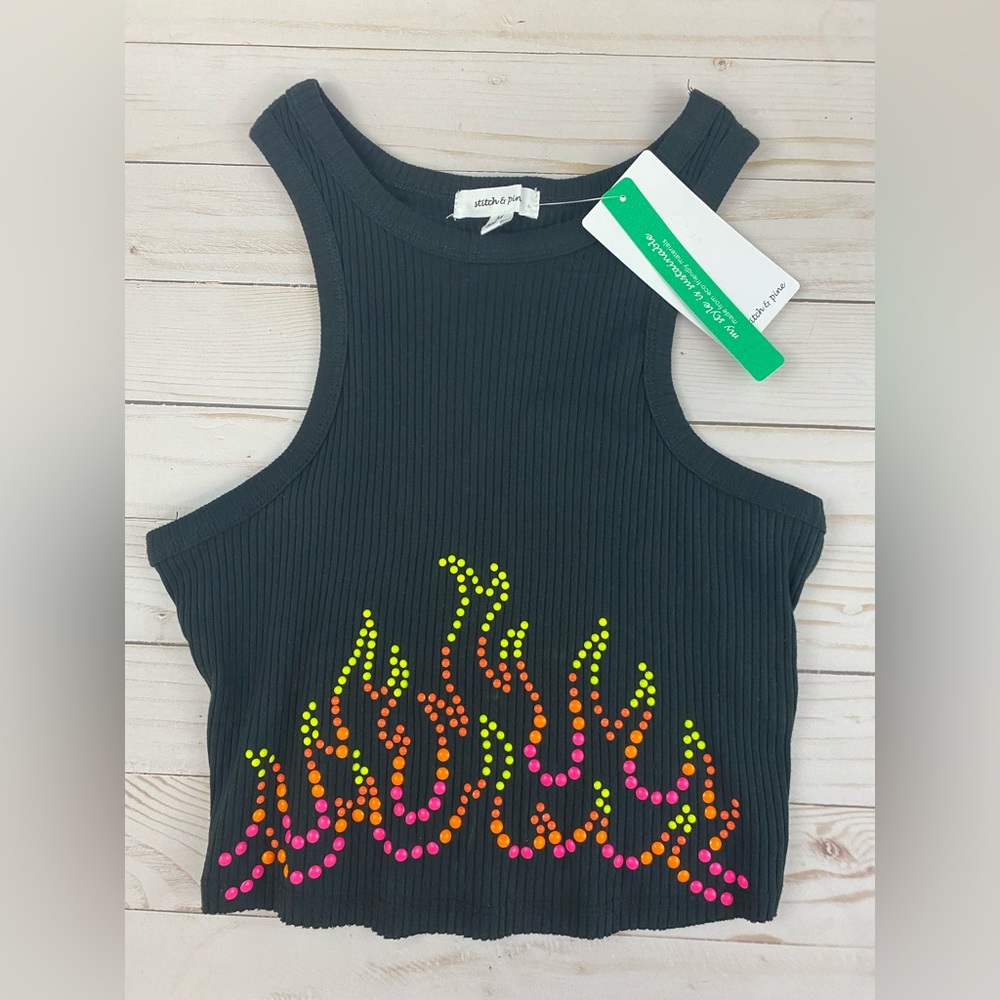 Stitch & Pine sz M Flame Studded Crop Top Black Embellished NWT